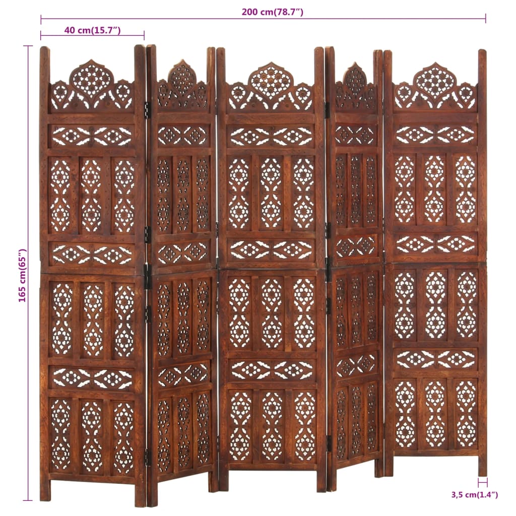 vidaXL Hand carved 4-Panel Room Divider Brown 160x165 cm Solid Mango Wood