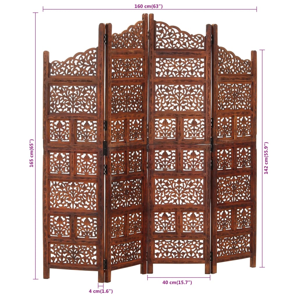 vidaXL Hand carved 4-Panel Room Divider Brown 160x165 cm Solid Mango Wood