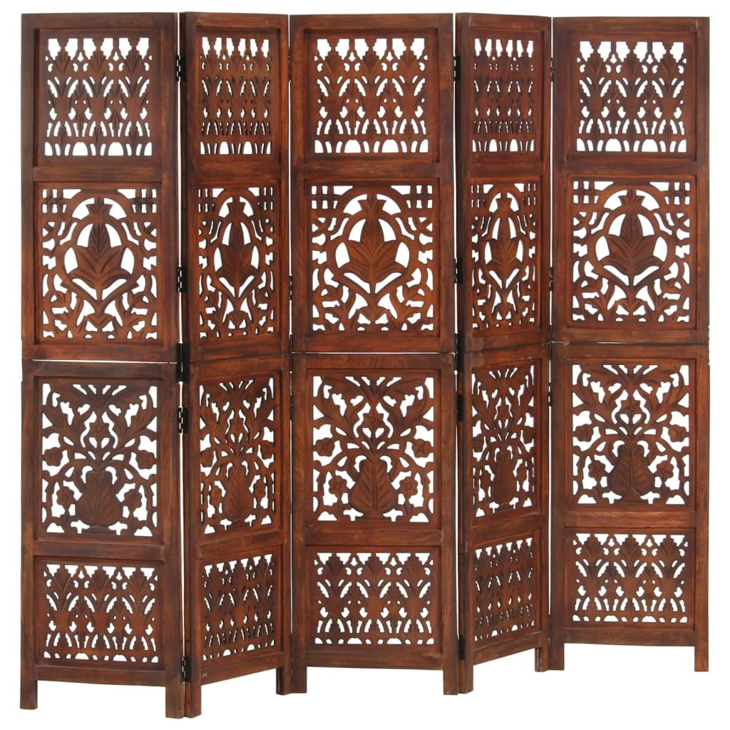 vidaXL Hand Carved 3-Panel Room Divider Brown 120x165 cm Solid Mango Wood