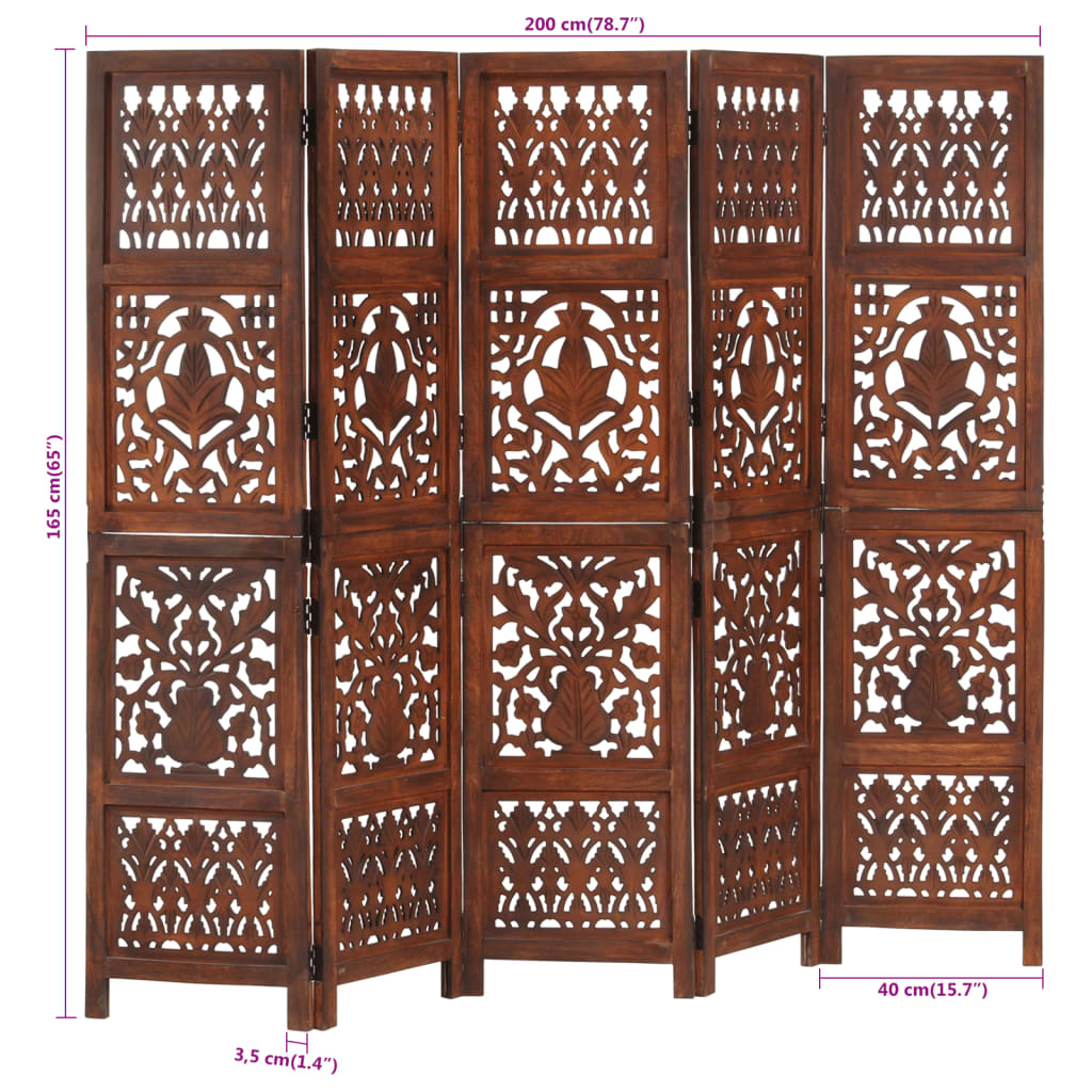 vidaXL Hand Carved 3-Panel Room Divider Brown 120x165 cm Solid Mango Wood