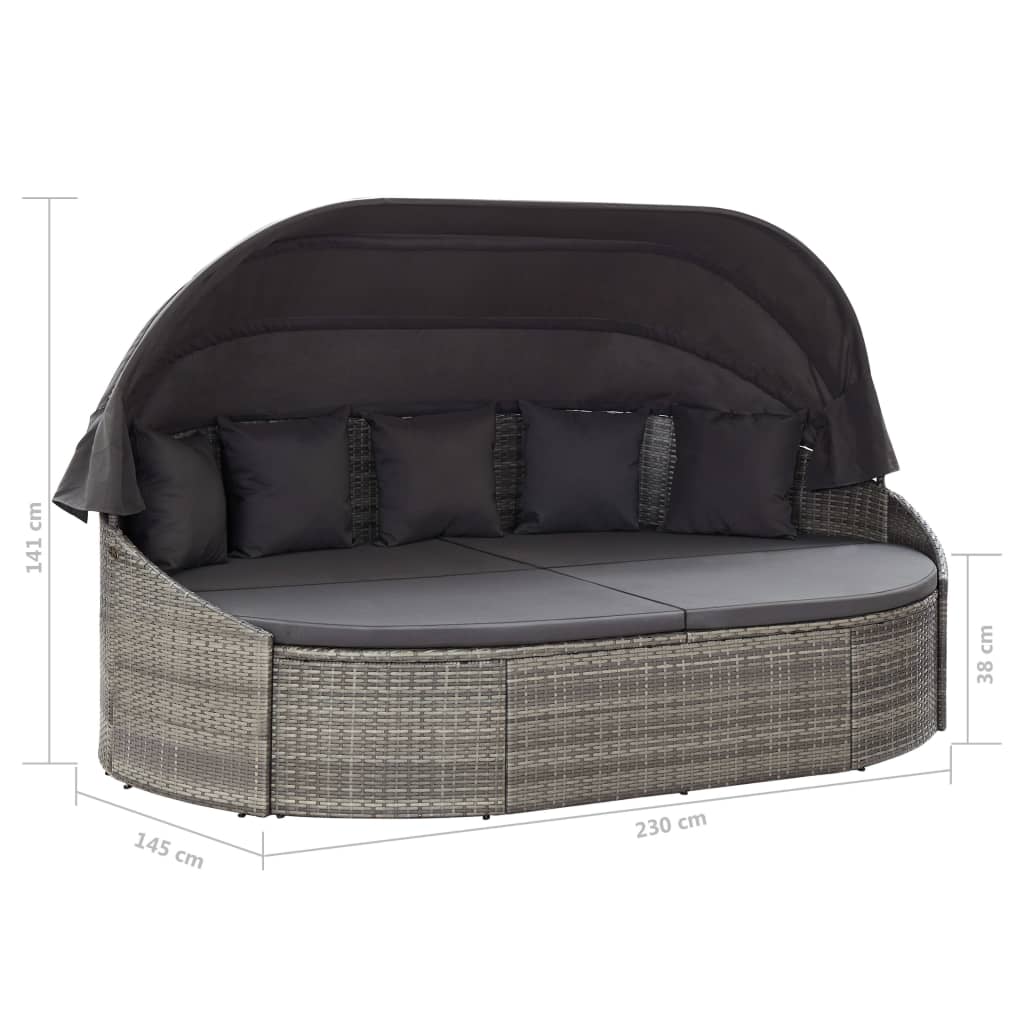 vidaXL Outdoor Lounge Bed with Canopy Poly Rattan Grey