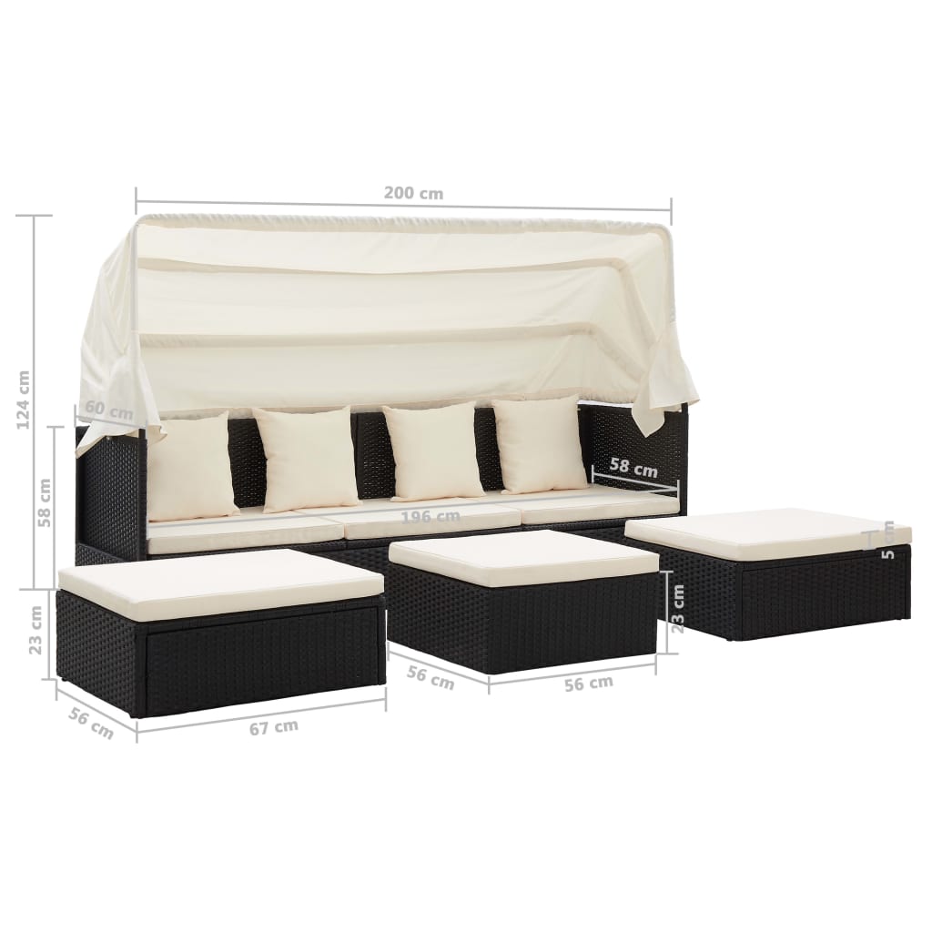 vidaXL Garden Lounge Bed with Roof Black Poly Rattan