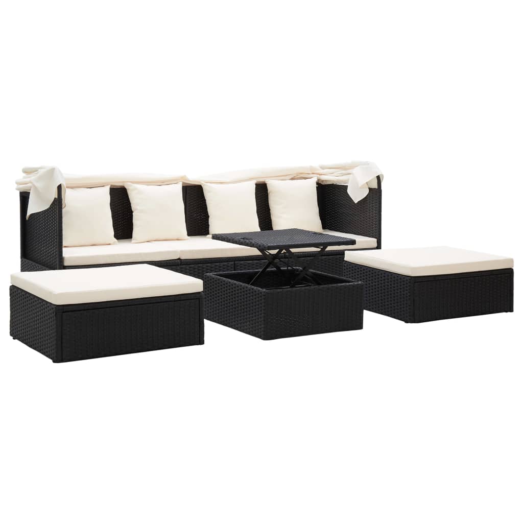 vidaXL Garden Lounge Bed with Roof Black Poly Rattan