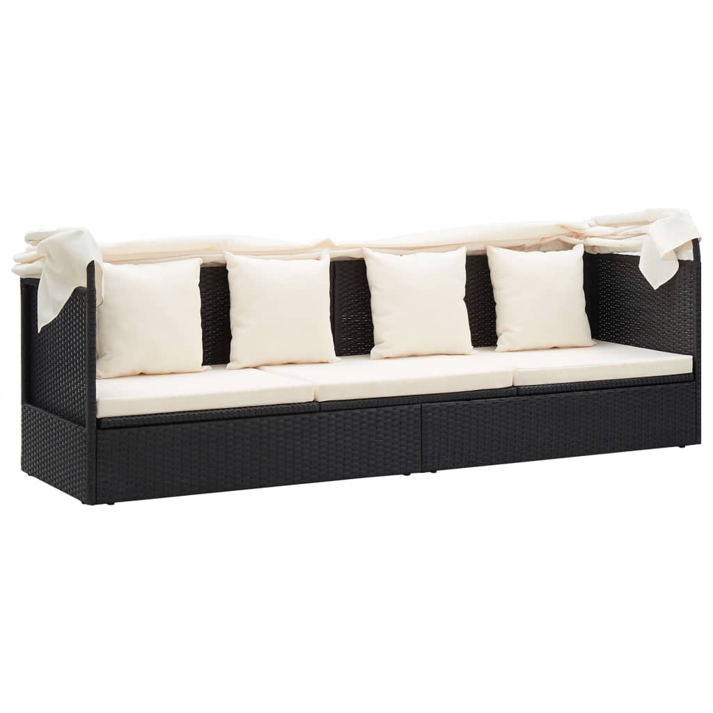 vidaXL Garden Lounge Bed with Roof Black Poly Rattan