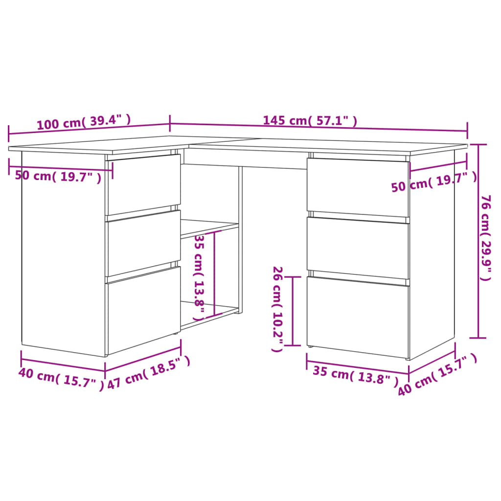 vidaXL Corner Desk Black 145x100x76 cm Engineered Wood