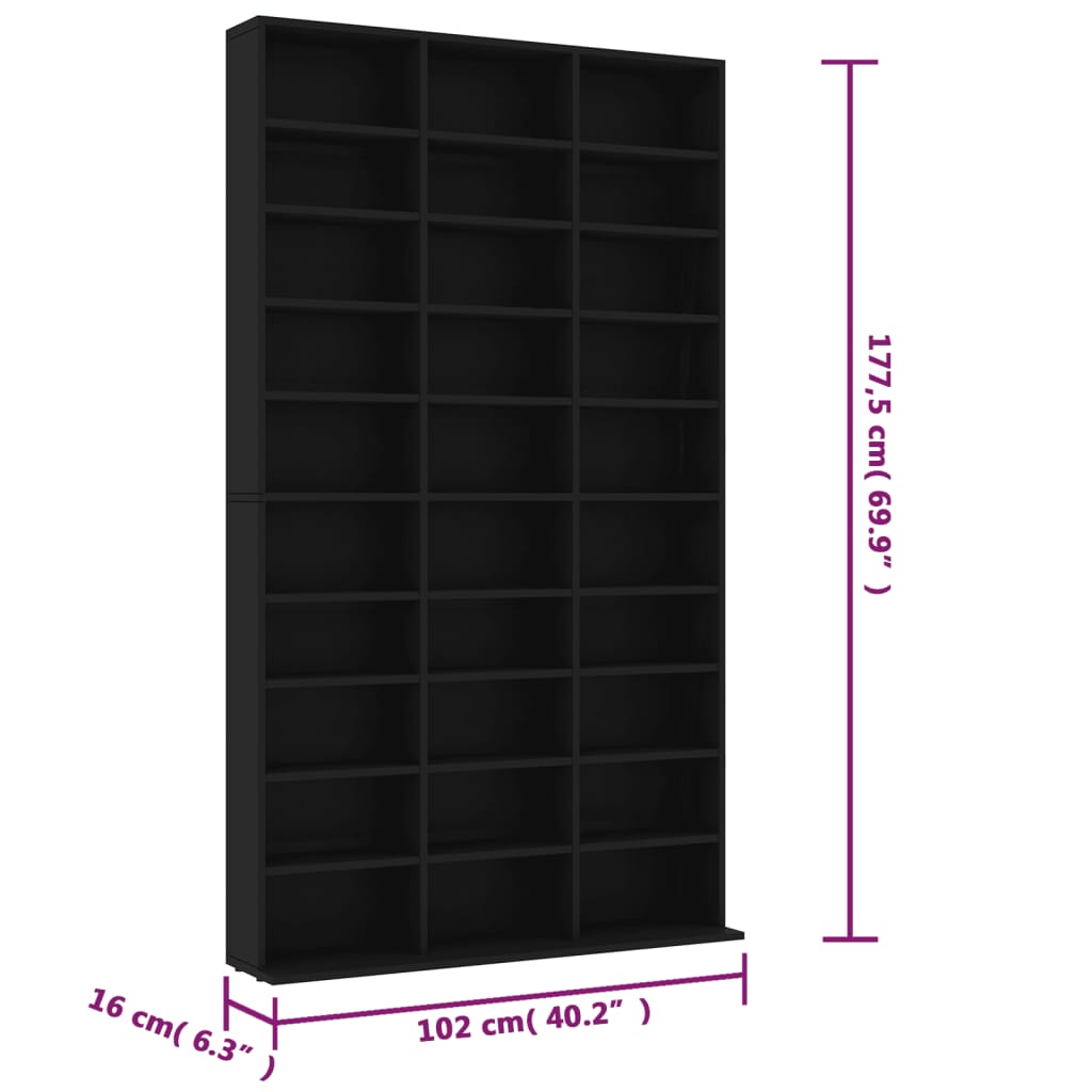 vidaXL CD Cabinet Black 102x16x177.5 cm Engineered Wood