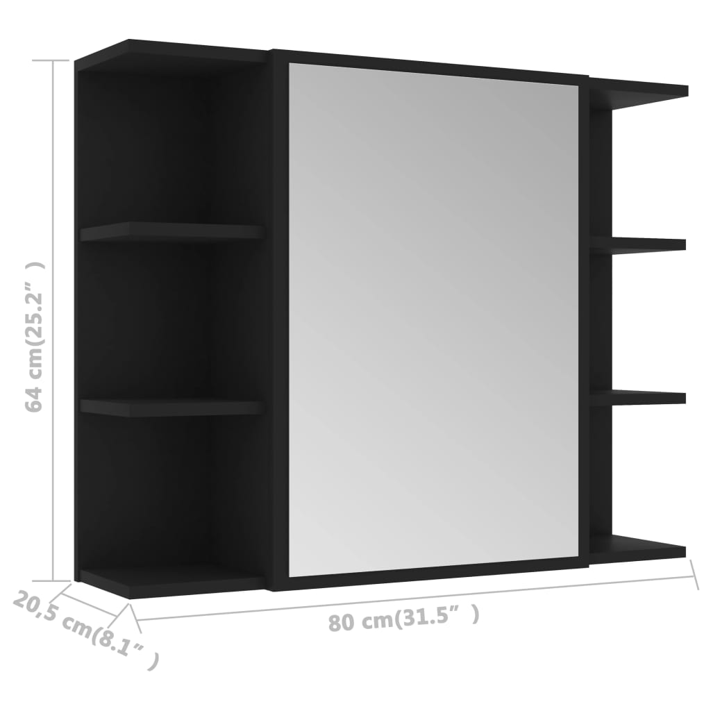 vidaXL Bathroom Mirror Cabinet Black 80x20.5x64 cm Engineered Wood