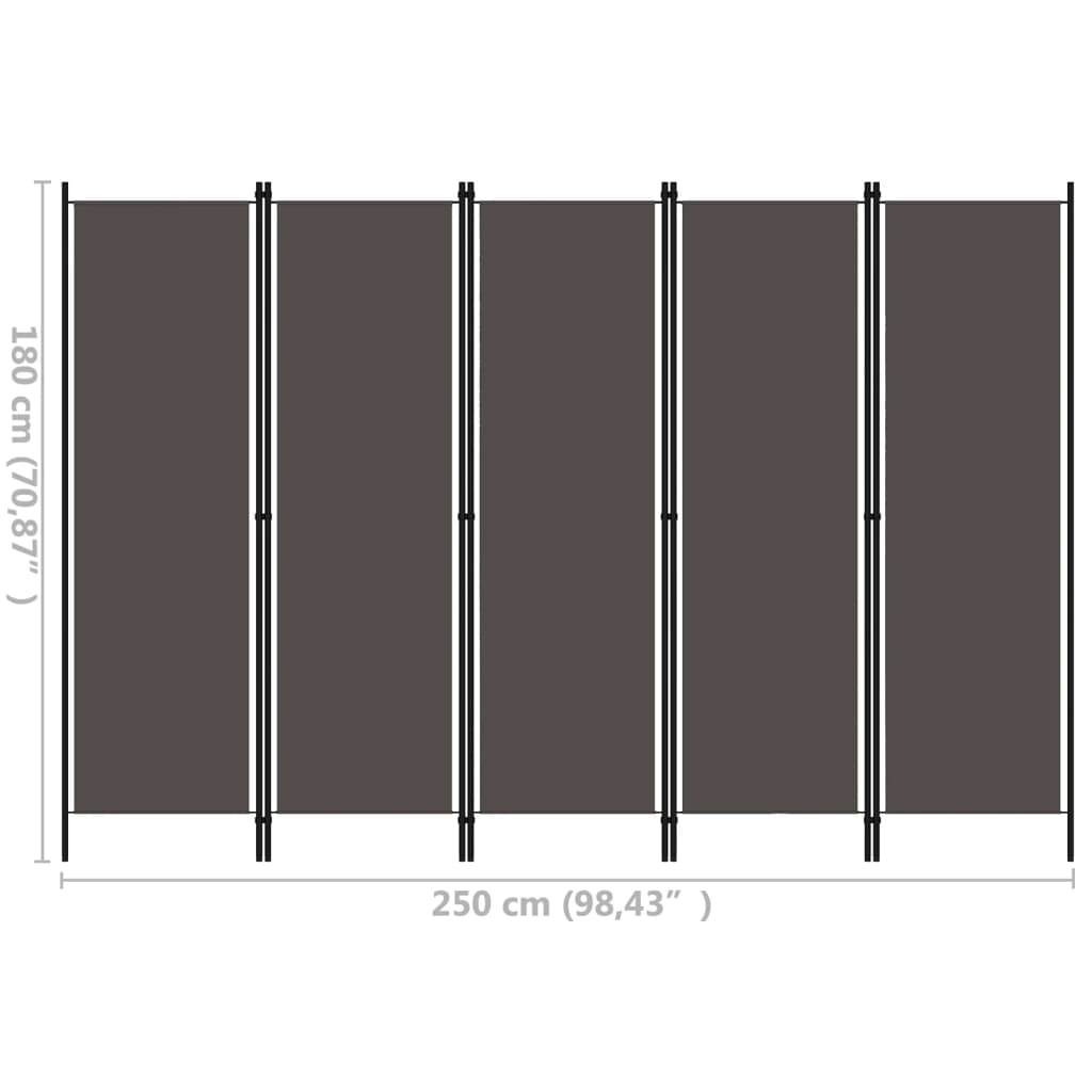 vidaXL 5-Panel Room Divider Anthracite 250x180 cm