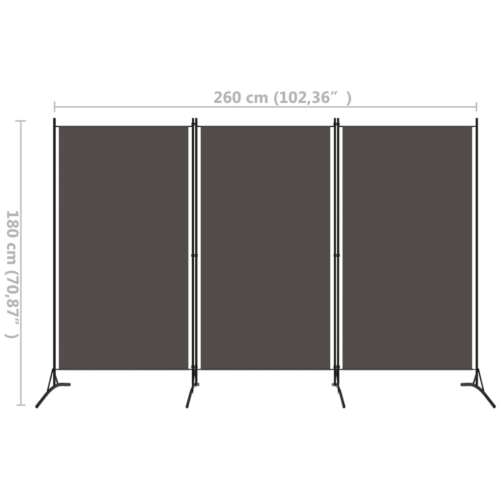 vidaXL 3-Panel Room Divider Black 260x180 cm