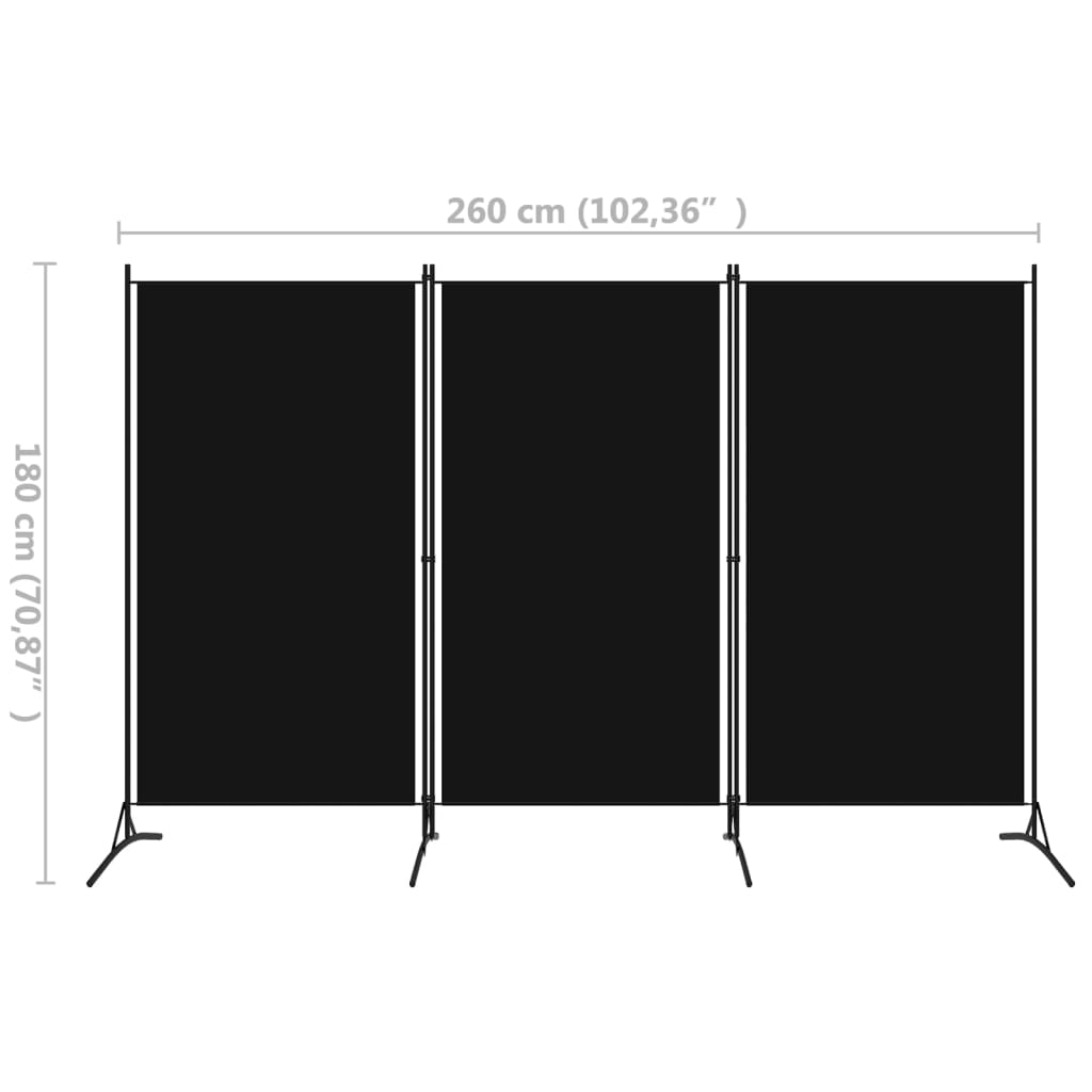 vidaXL 3-Panel Room Divider Black 260x180 cm