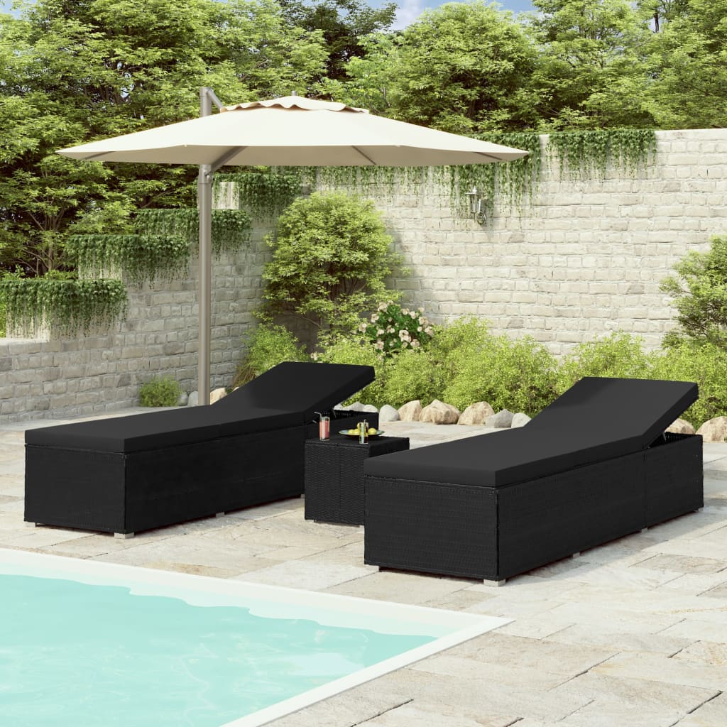 vidaXL 3 Piece Garden Sun Loungers with Tea Table Poly Rattan Brown