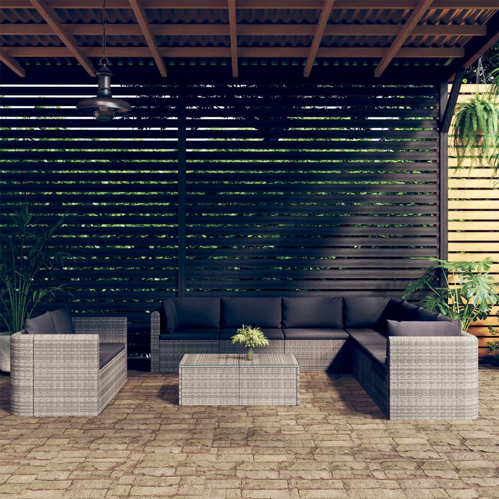 vidaXL 10 Piece Garden Lounge Set with Cushions Poly Rattan Grey