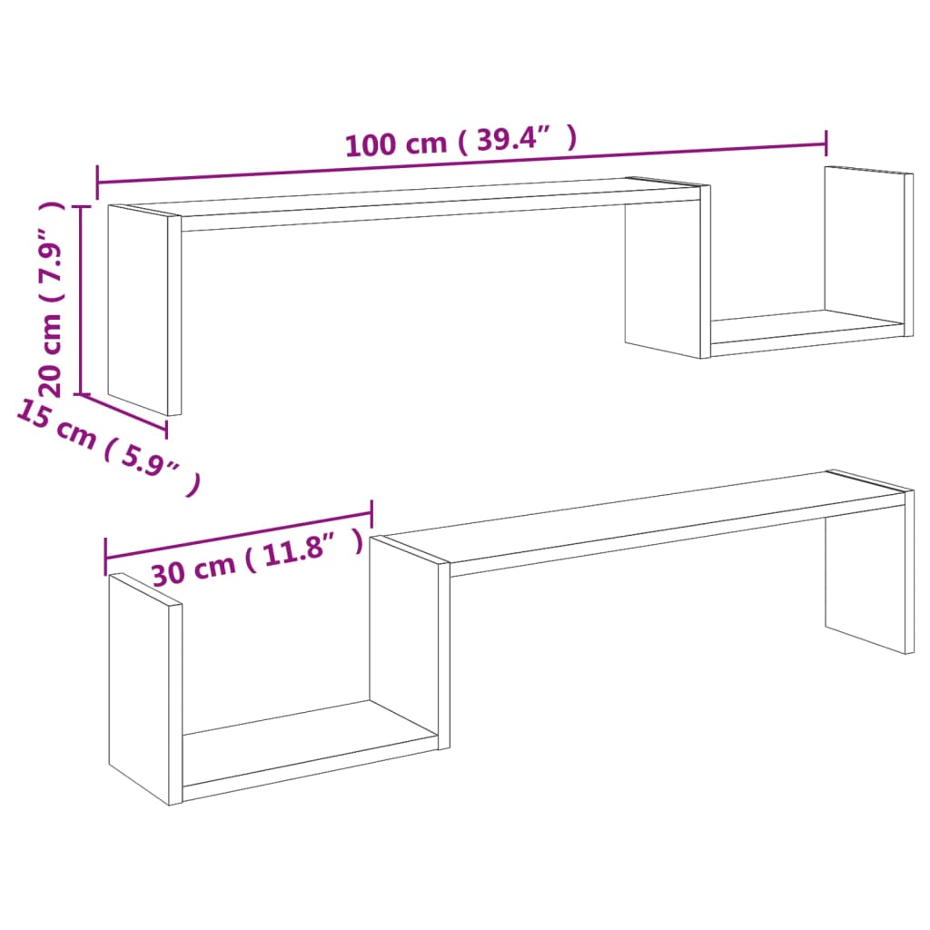 vidaXL Wall Shelf 2 pcs Black 100x15x20 cm Engineered Wood