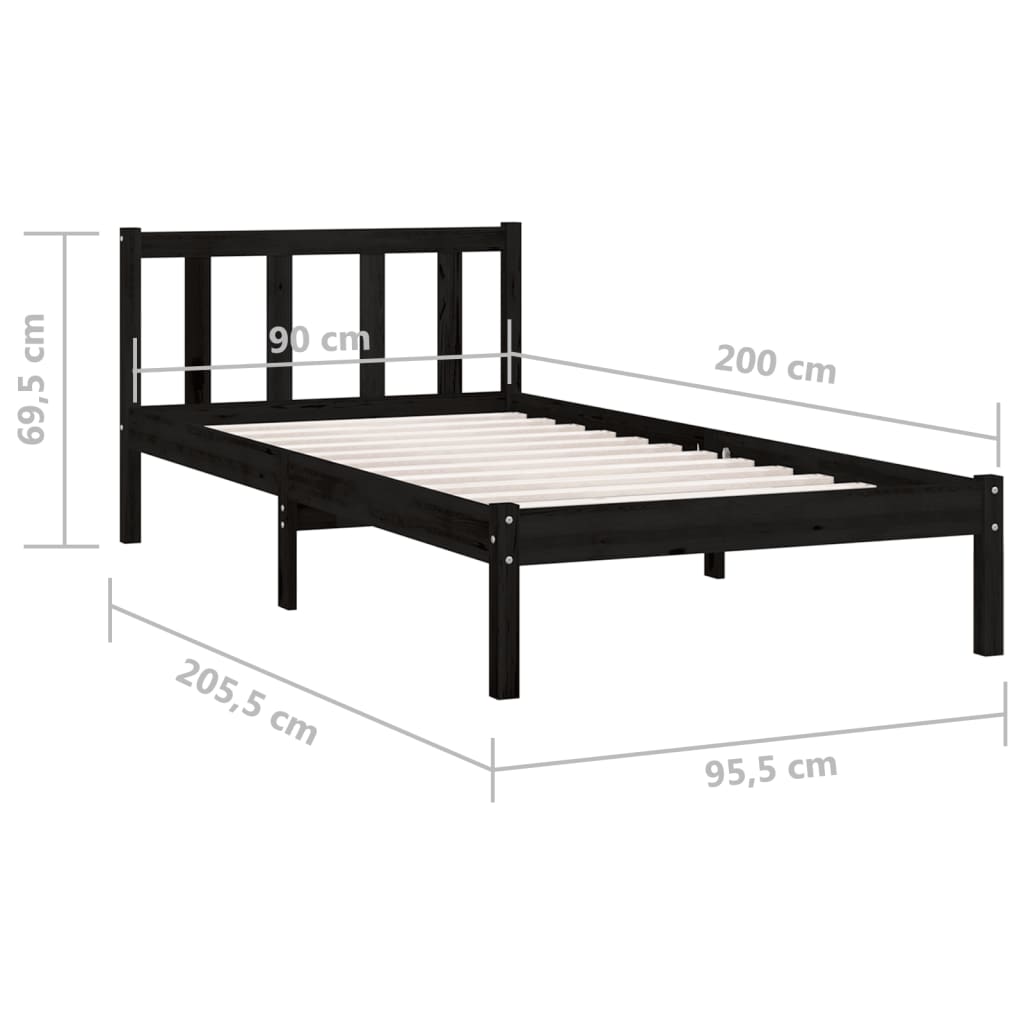 vidaXL 810071 vidaXL Bed Frame without Mattress Black Solid Wood 90x200 cm