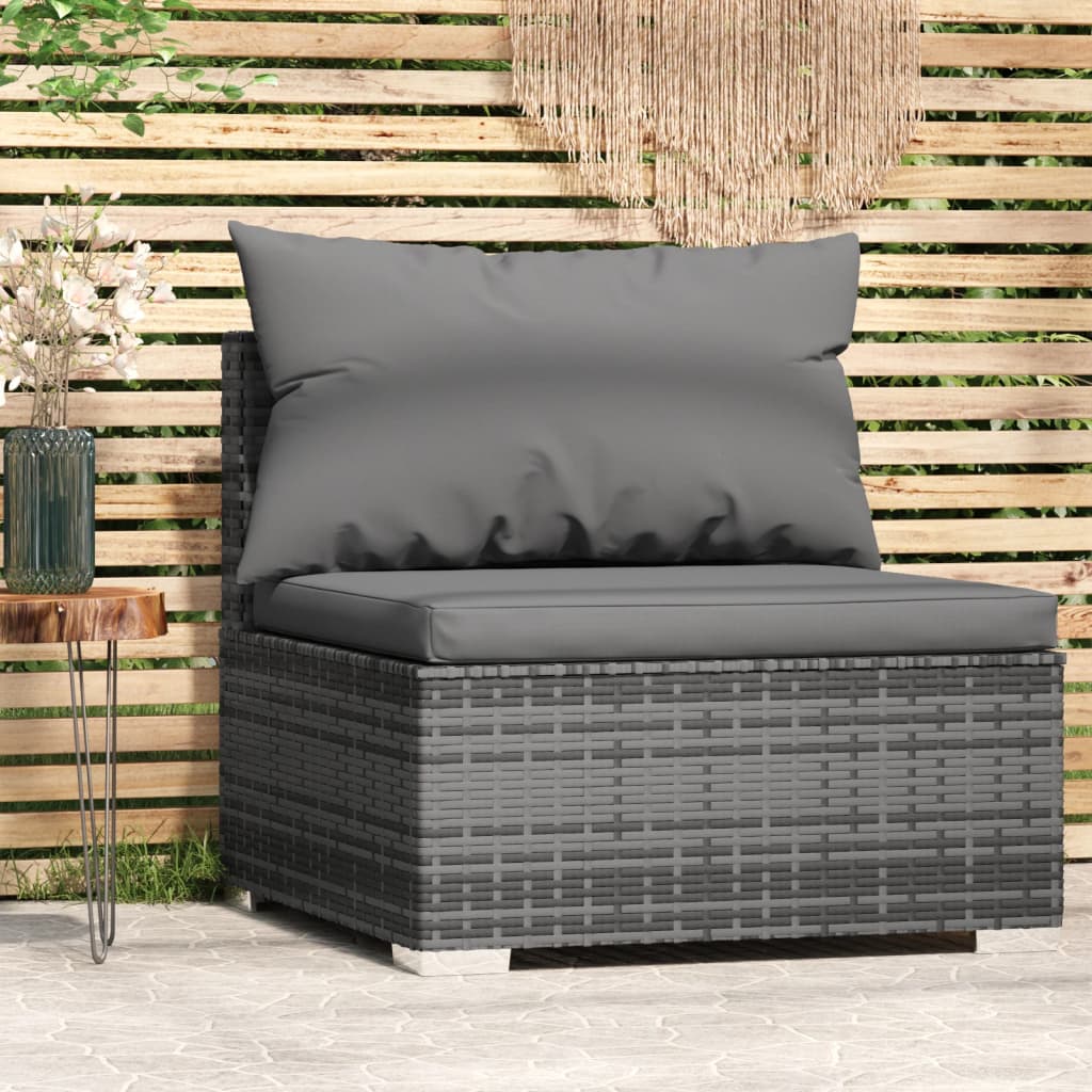 vidaXL Garden Middle Sofa with Cushions Grey Poly Rattan