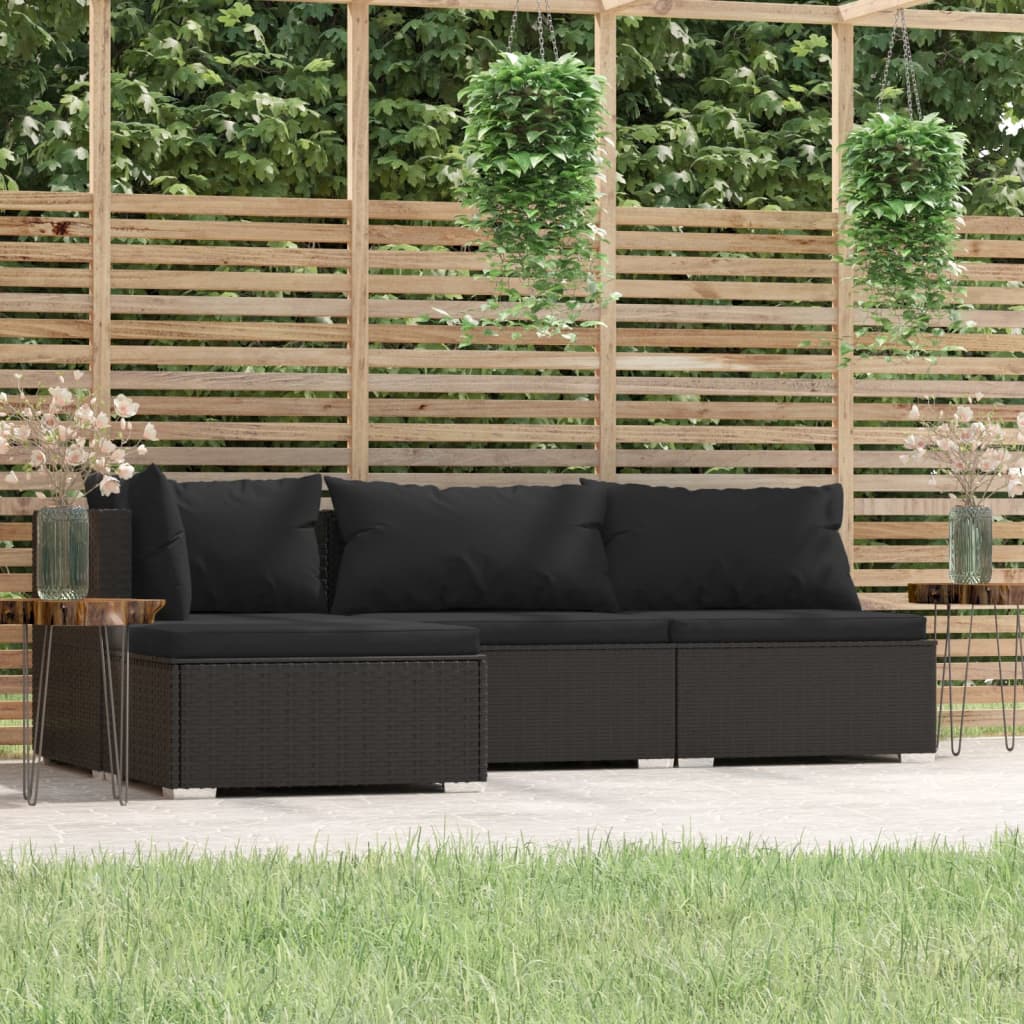 vidaXL 4 Piece Garden Lounge Set with Cushions Black Poly Rattan