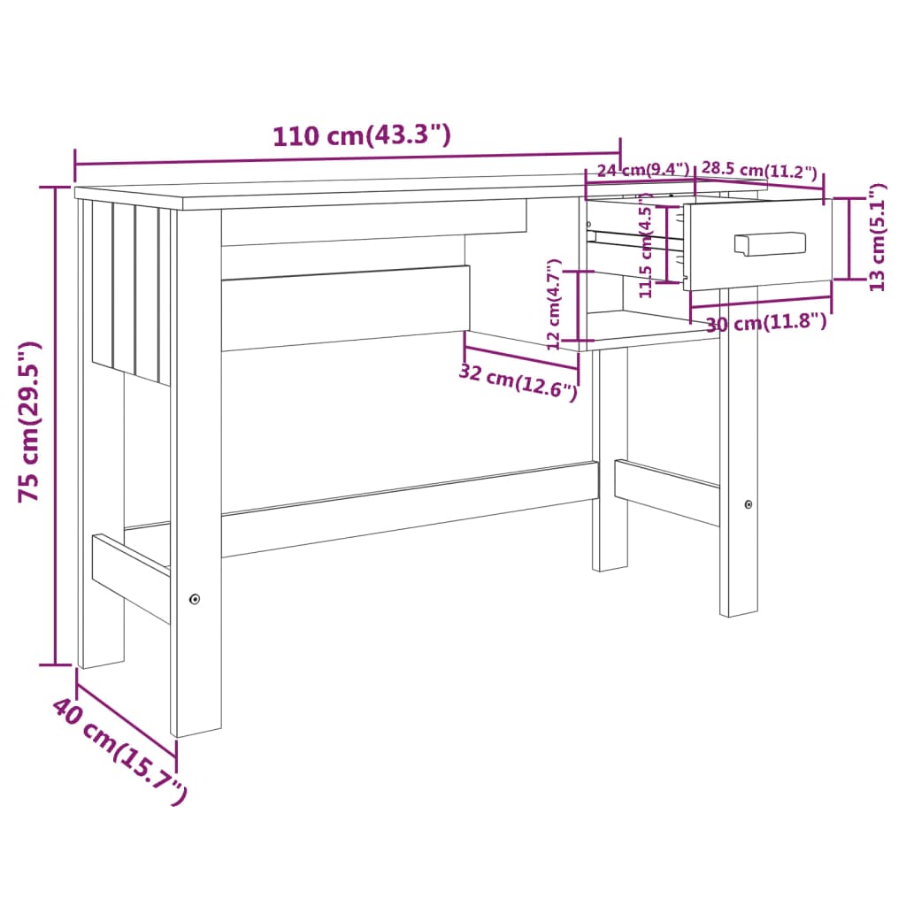 vidaXL Desk HAMAR Honey Brown 110x40x75 cm Solid Wood Pine