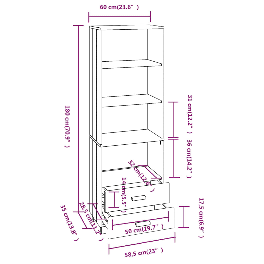 vidaXL Highboard HAMAR Honey Brown 60x35x180 cm Solid Wood Pine