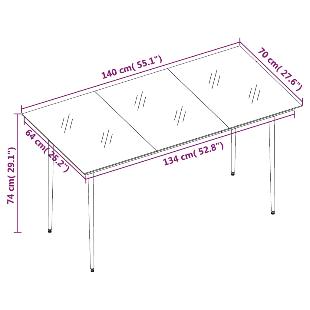 vidaXL Garden Dining Table Black 140x70x74 cm Steel and Glass