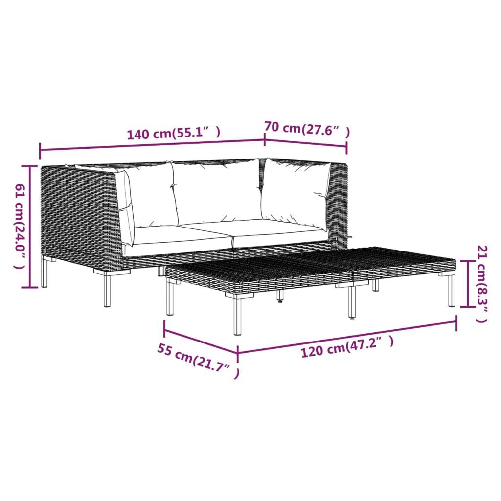 vidaXL 3 Piece Garden Lounge Set Dark Grey Half Round Poly Rattan