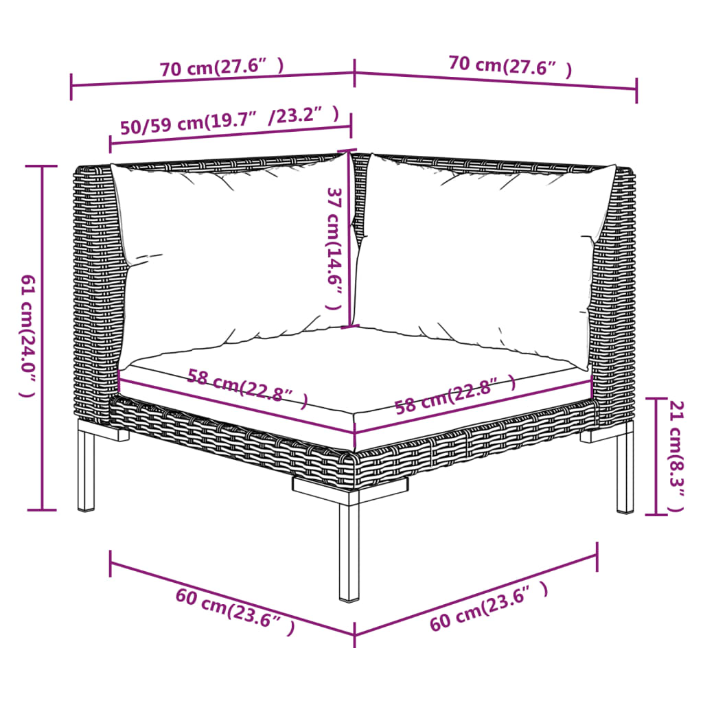 vidaXL 3 Piece Garden Lounge Set Dark Grey Half Round Poly Rattan