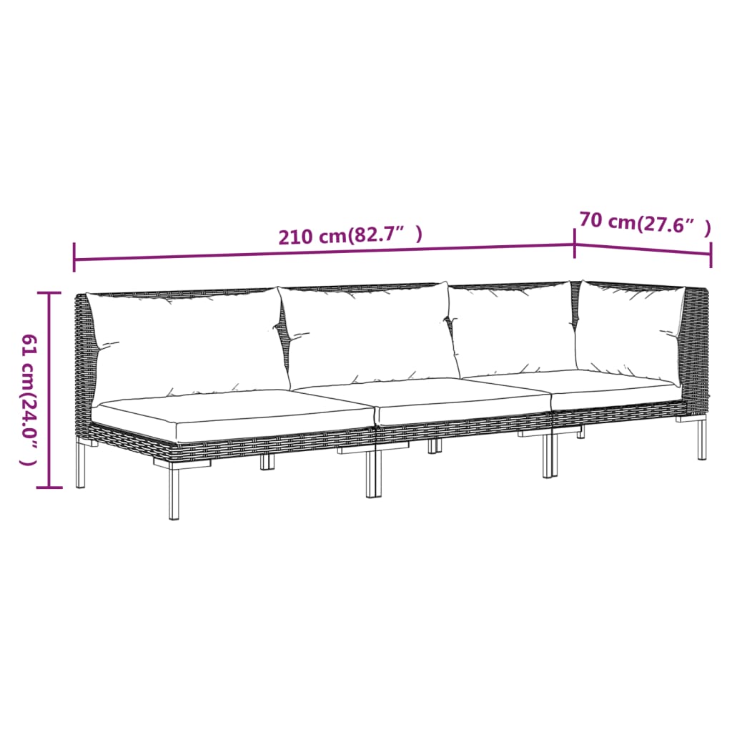 vidaXL 3 Piece Garden Lounge Set Dark Grey Half Round Poly Rattan