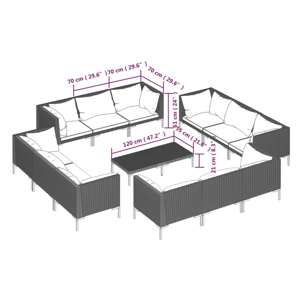 vidaXL 3 Piece Garden Lounge Set with Cushions Poly Rattan Dark Grey