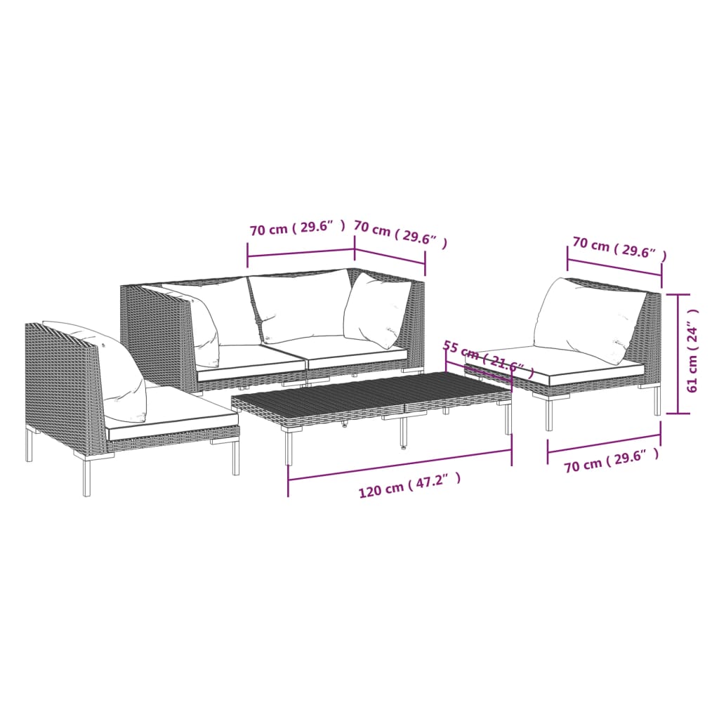 vidaXL 3 Piece Garden Lounge Set with Cushions Poly Rattan Dark Grey