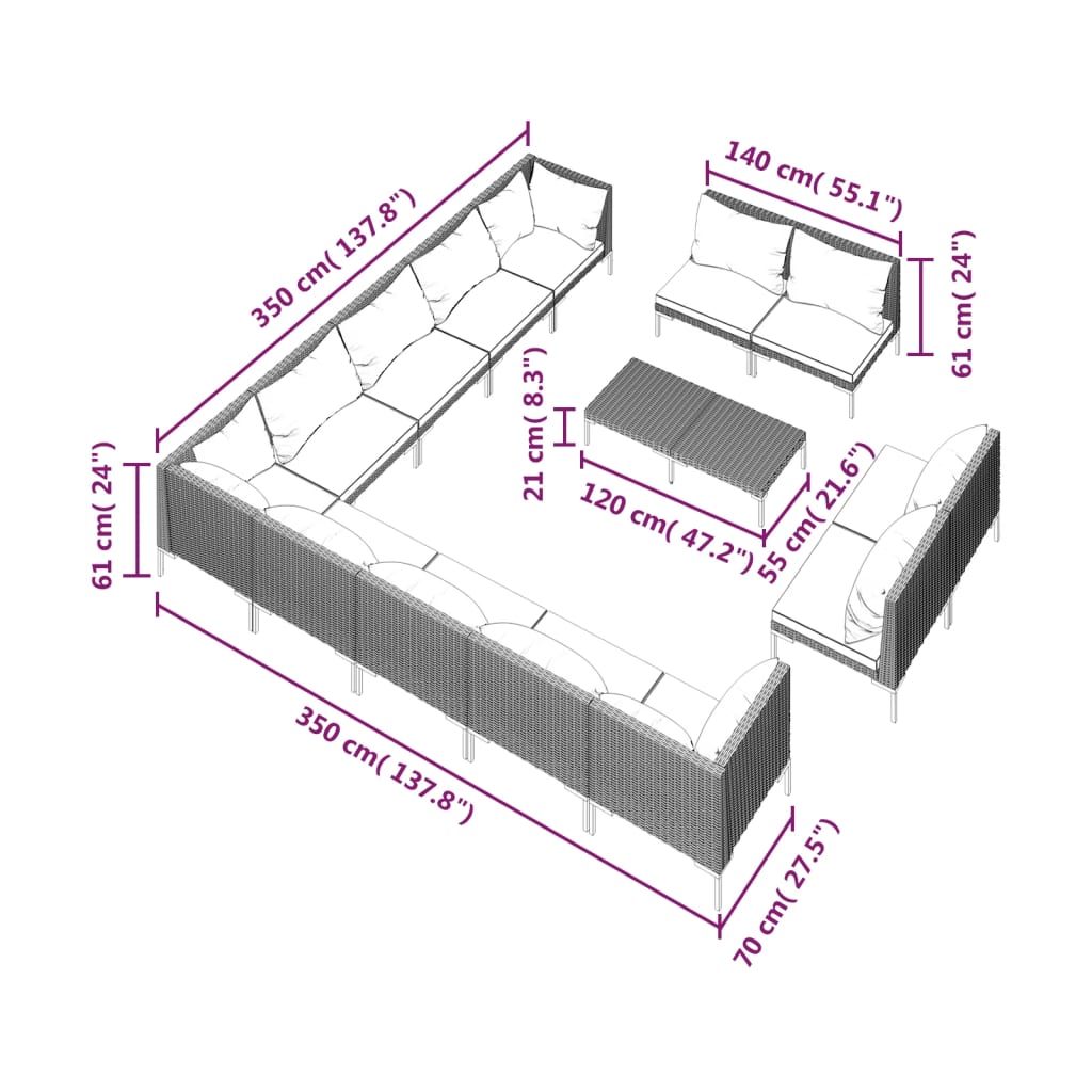 vidaXL 13 Piece Garden Lounge Set with Cushions Poly Rattan Dark Grey