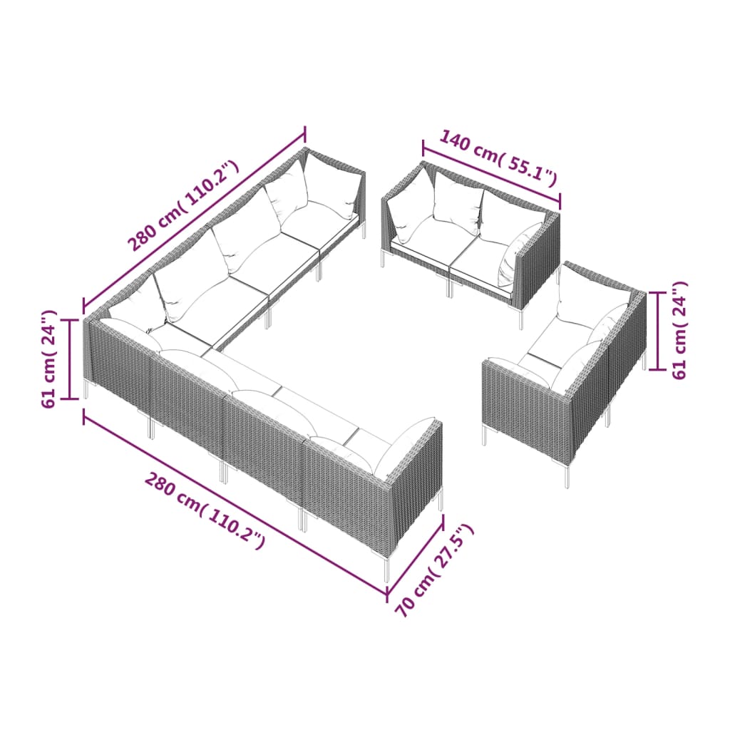 vidaXL 13 Piece Garden Lounge Set with Cushions Poly Rattan Dark Grey