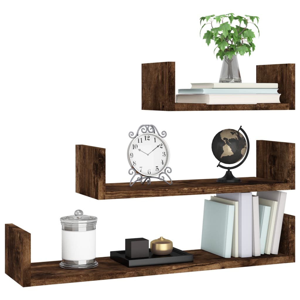 vidaXL Wall Display Shelves 3 pcs Smoked Oak Engineered Wood