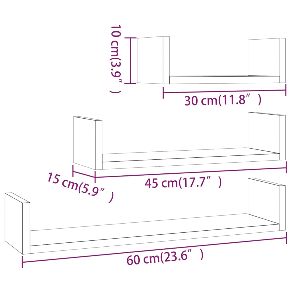 vidaXL Wall Display Shelves 3 pcs Smoked Oak Engineered Wood