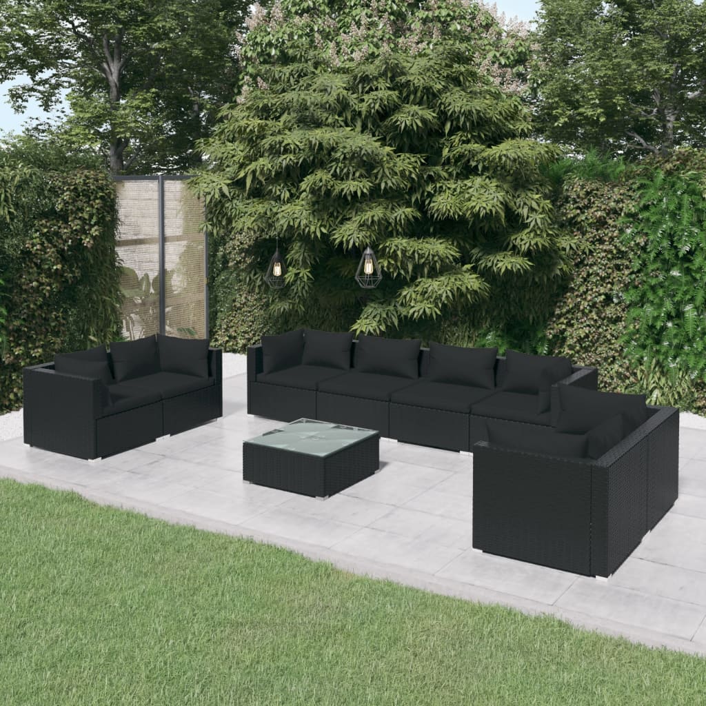 vidaXL 8 Piece Garden Lounge Set with Cushions Poly Rattan Black