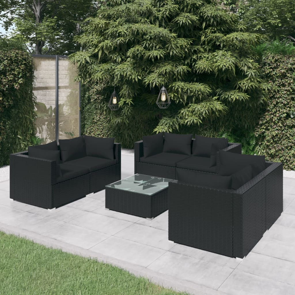 vidaXL 8 Piece Garden Lounge Set with Cushions Poly Rattan Black