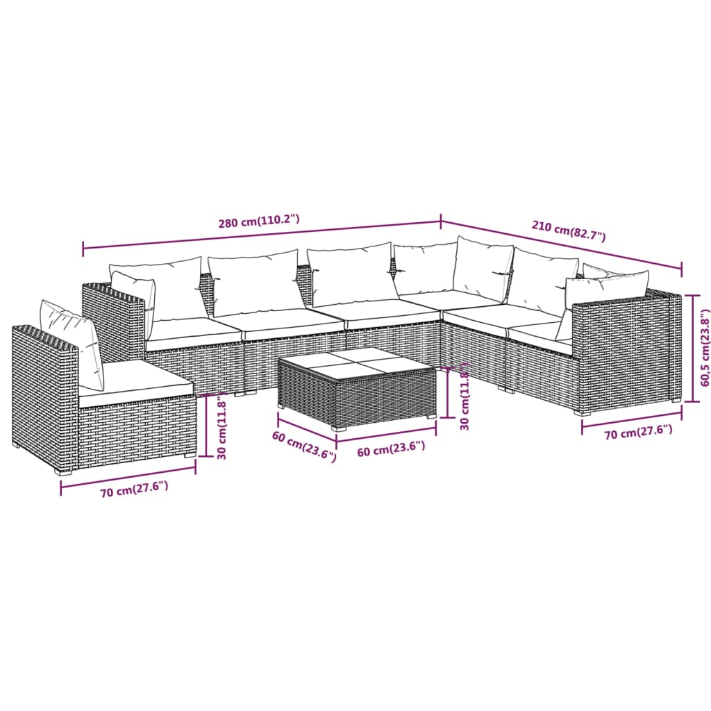 vidaXL 8 Piece Garden Lounge Set with Cushions Poly Rattan Black