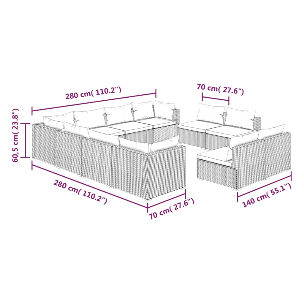 vidaXL 11 Piece Garden Lounge Set with Cushions Black Poly Rattan