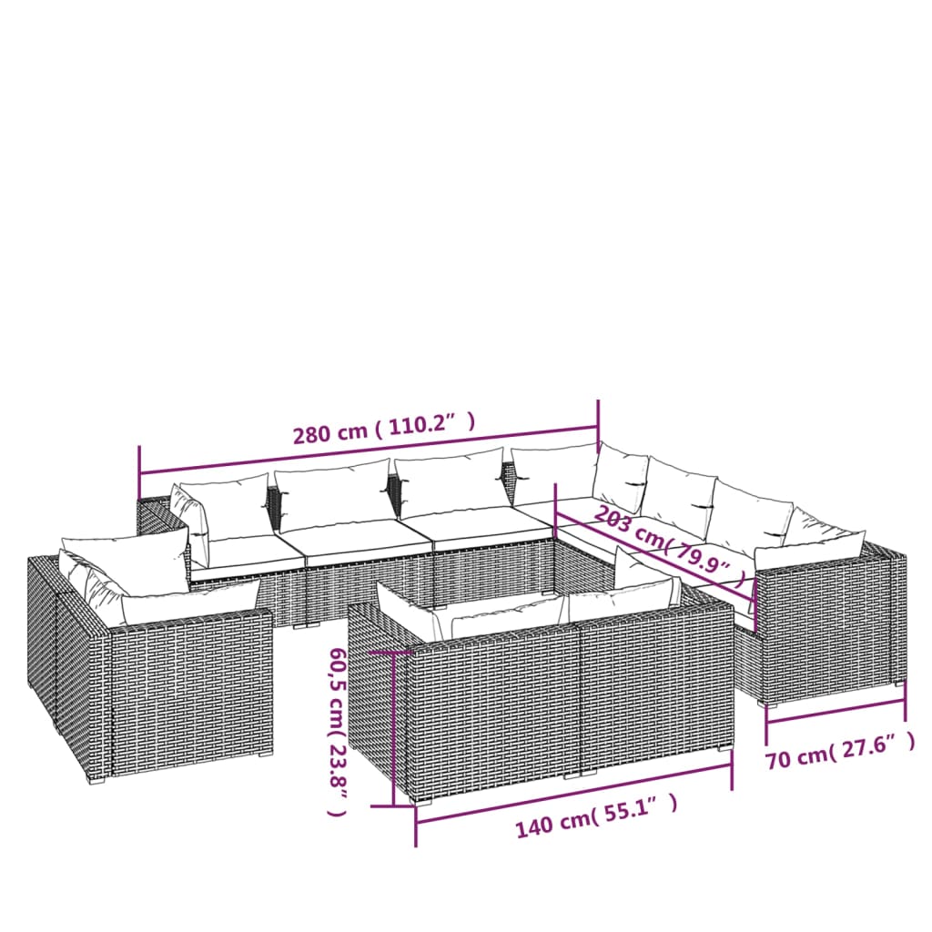 vidaXL 11 Piece Garden Lounge Set with Cushions Black Poly Rattan