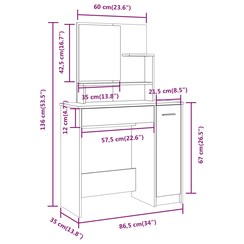 vidaXL Dressing Table with Mirror Sonoma Oak 86.5x35x136 cm