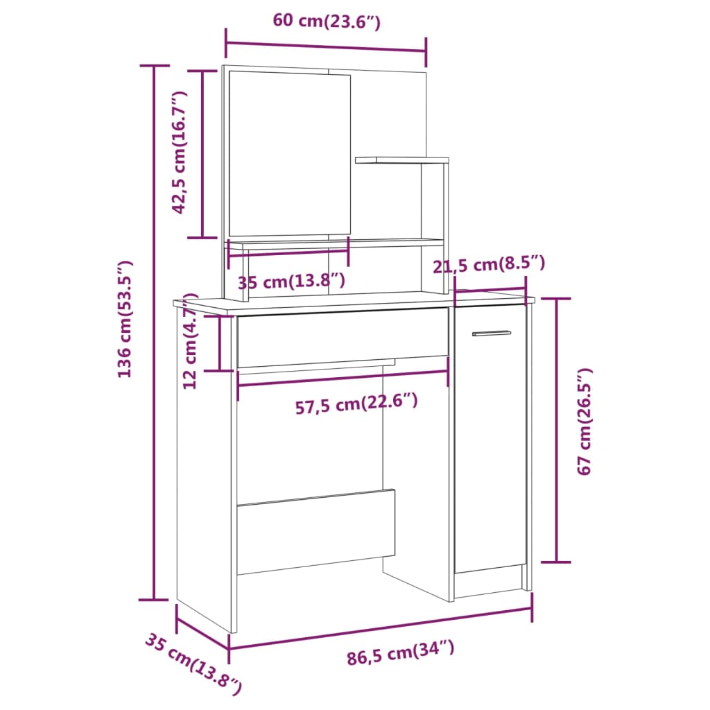 vidaXL Dressing Table Set Sonoma Oak 86.5x35x136 cm