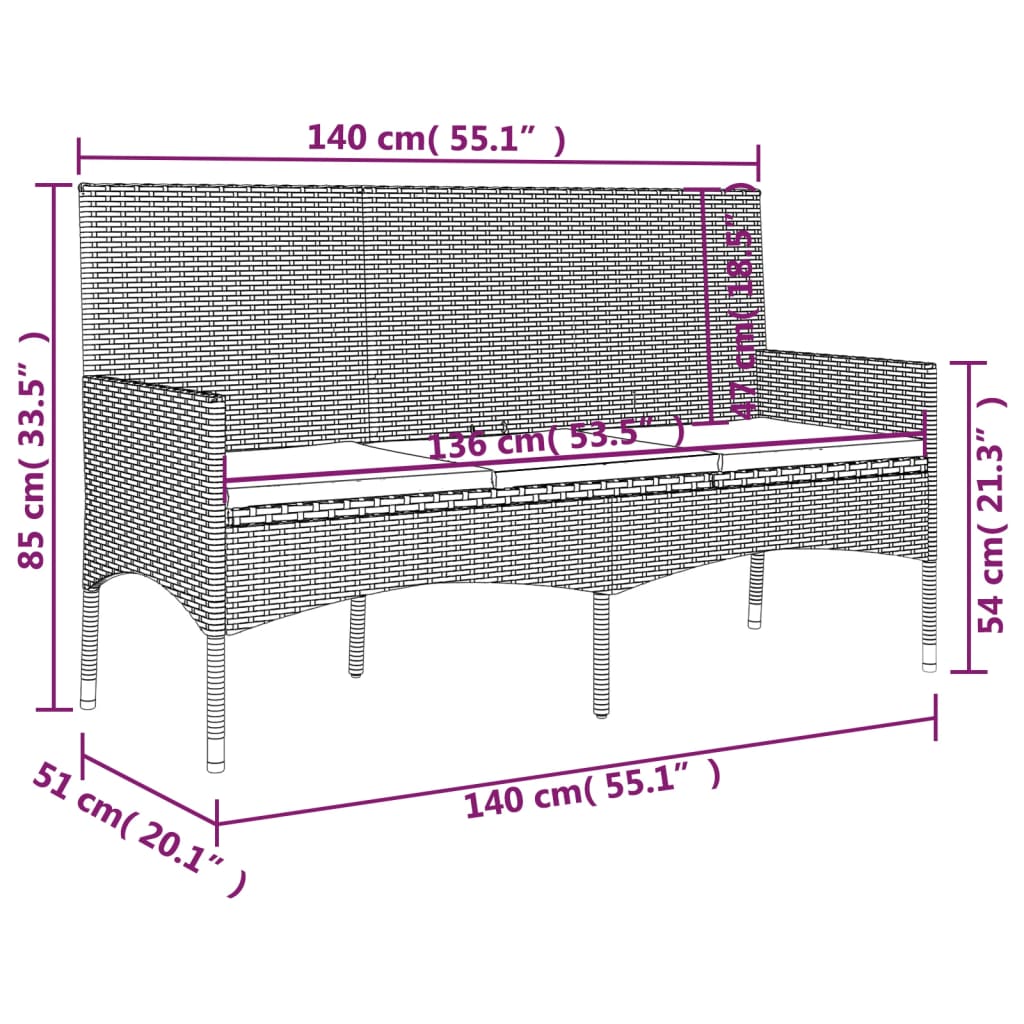 vidaXL 3-Seater Garden Bench with Cushions Black Poly Rattan