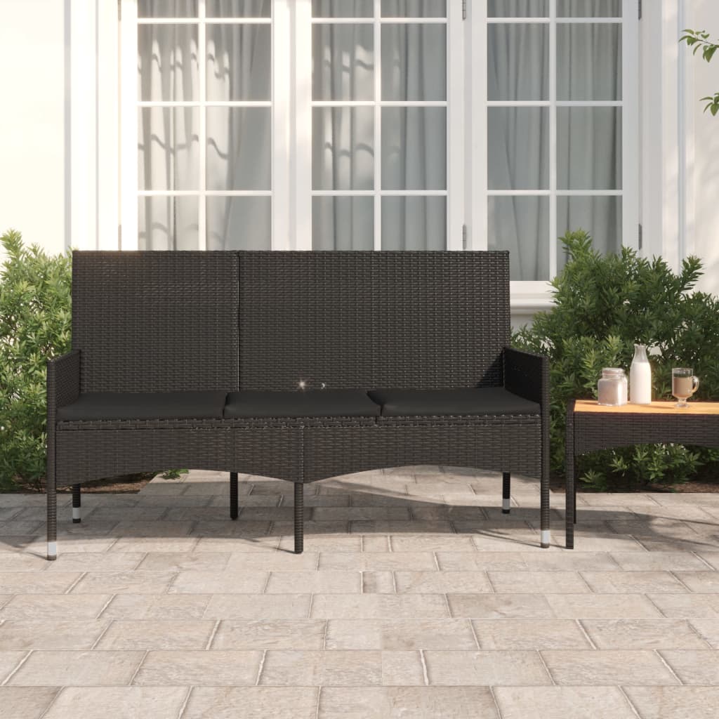 vidaXL 3-Seater Garden Bench with Cushions Black Poly Rattan